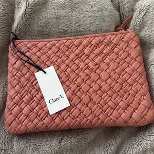 Clare V Pink Woven flat clutch with tabs NWT